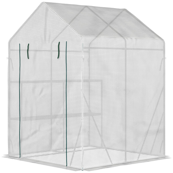 Serre de jardin PE avec étagères 2 niveaux, serre de balcon, bâche renforcée 140 g/m², châssis en acier, porte zippée enroulable, pour légumes plantes fleurs, 143x143x195cm, blanc