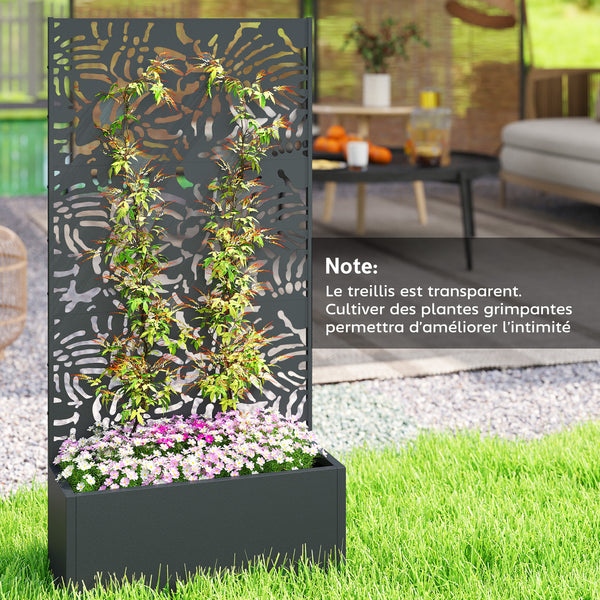 Jardinière avec treillis, bac à fleurs, lit surélevé avec brise-vue, pour plantes grimpantes, légumes, fleurs, métal, intérieur et extérieur, cour jardin balcon, 90 x 37,5 x 180 cm, noir