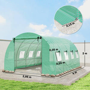 Serre tunnel de jardin 12m², serre de jardin tunnel 295x400x200cm avec cadre en acier galvanisé, 2 portes et 8 fenêtres avec moustiquaires pour extérieur bâche PE haute densité 140 g/m² vert