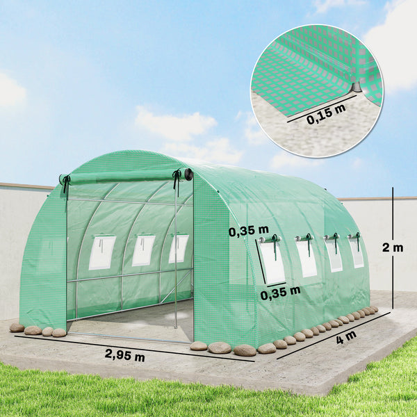 Serre tunnel de jardin 12m², serre de jardin tunnel 295x400x200cm avec cadre en acier galvanisé, 2 portes et 8 fenêtres avec moustiquaires pour extérieur bâche PE haute densité 140 g/m² vert