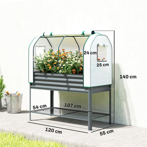 Potager sur Pieds surélevé avec bâche en PE, Jardinière Surélevée en Métal avec Serre, Volume 167L avec Doublure et Étagère Inférieure, pour Plantes Fleurs Légumes, 120x55x140cm, Gris Foncé