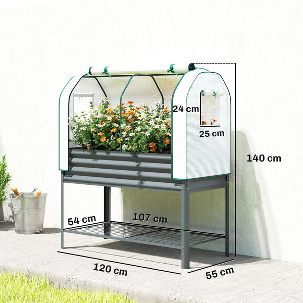 Potager sur Pieds surélevé avec bâche en PE, Jardinière Surélevée en Métal avec Serre, Volume 167L avec Doublure et Étagère Inférieure, pour Plantes Fleurs Légumes, 120x55x140cm, Gris Foncé