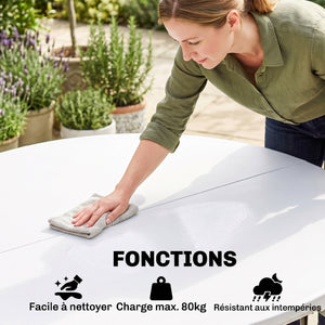 Table ronde de jardin pliante Ø122 cm peut accueillir 6 personnes pour évènement, structure métal, plateau HDPE