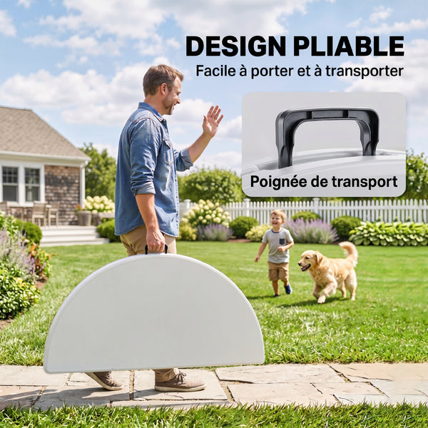 Table ronde de jardin pliante Ø122 cm peut accueillir 6 personnes pour évènement, structure métal, plateau HDPE