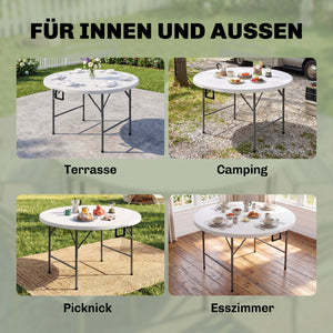 Table ronde de jardin pliante Ø122 cm peut accueillir 6 personnes pour évènement, structure métal, plateau HDPE