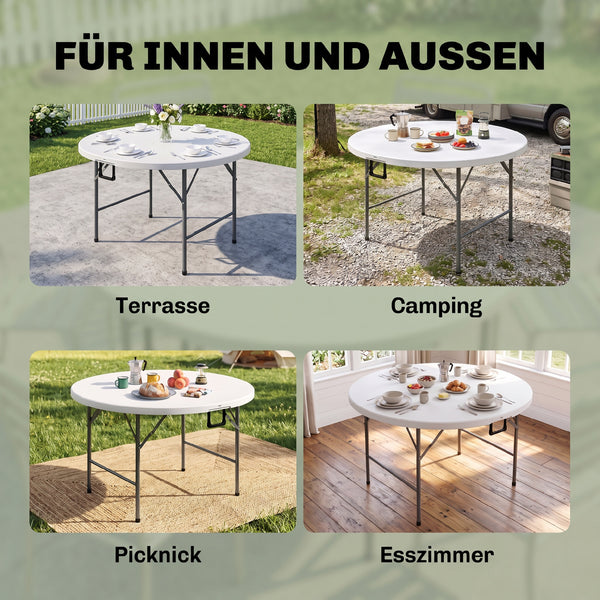 Table ronde de jardin pliante Ø122 cm peut accueillir 6 personnes pour évènement, structure métal, plateau HDPE