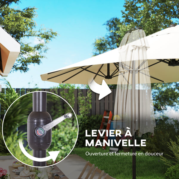 Parasol de jardin XXL avec pied en croix parasol grande taille 4,6L x 2,7l x 2,4H cm ouverture fermeture manivelle acier polyester haute densité crème