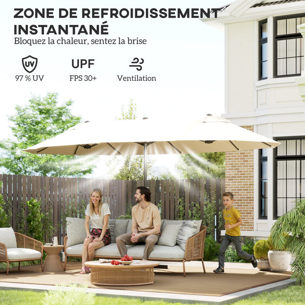 Parasol de jardin XXL avec pied en croix parasol grande taille 4,6L x 2,7l x 2,4H cm ouverture fermeture manivelle acier polyester haute densité crème