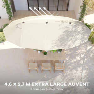 Parasol de jardin XXL avec pied en croix parasol grande taille 4,6L x 2,7l x 2,4H cm ouverture fermeture manivelle acier polyester haute densité crème