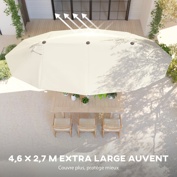 Parasol de jardin XXL avec pied en croix parasol grande taille 4,6L x 2,7l x 2,4H cm ouverture fermeture manivelle acier polyester haute densité crème