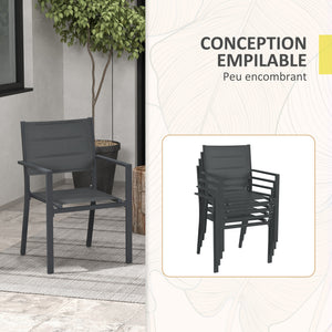 Ensemble de 4 chaises de jardin empilables en aluminium et textilène avec accoudoirs, lot de 4 pièces pour extérieur, gris