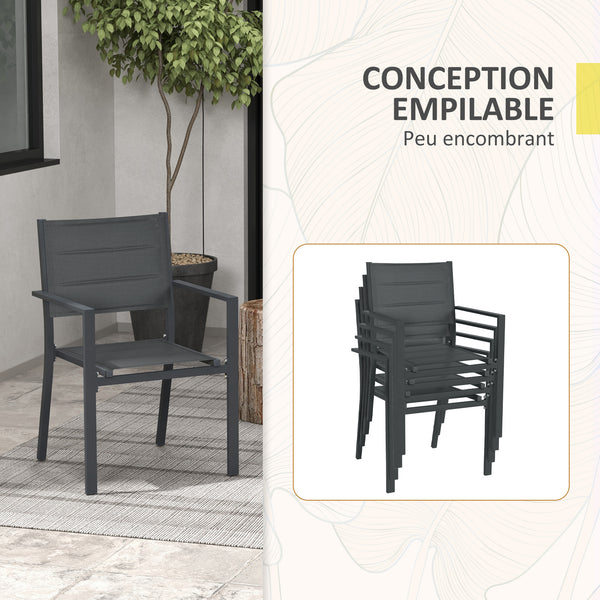 Ensemble de 4 chaises de jardin empilables en aluminium et textilène avec accoudoirs, lot de 4 pièces pour extérieur, gris