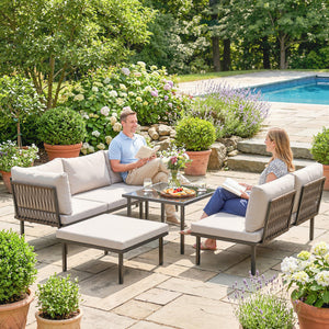Ensemble salon de jardin 6 pièces, mobilier de jardin d'angle avec canapé 2 places, 3 chaises, repose-pieds, table en verre, coussins, salon extérieur en L en métal, Gris clair