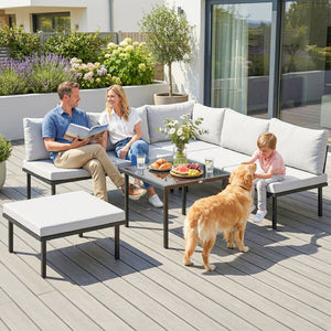 Ensemble salon de jardin 6 pièces, mobilier de jardin d'angle avec canapé 2 places, 3 chaises, repose-pieds, table en verre, coussins, salon extérieur en L en métal, Gris clair