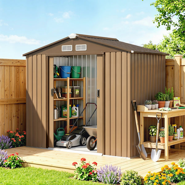 Abri de jardin 2,5 m² - remise pour outils avec kit de fondation - cabanon porte verrouillable - dim. 213L x 130l x 185H cm - tôle d'acier ocre