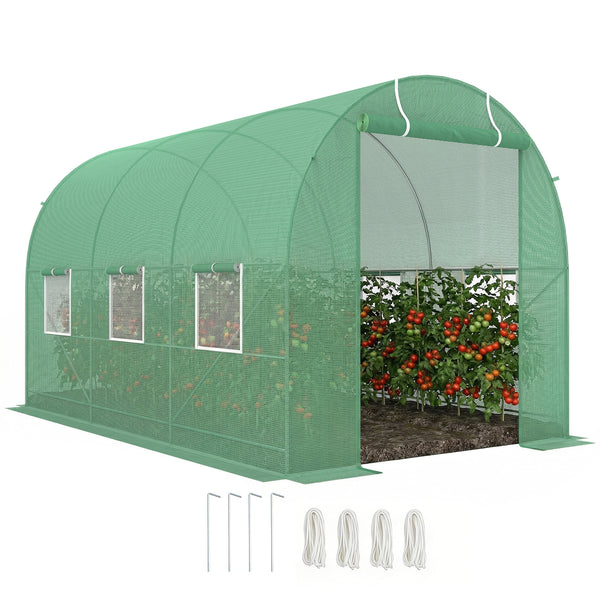 Serre de Jardin Tunnel Surface Sol 7m² 3,5L x 2l x 2H m châssis Tubulaire renforcé Porte zippée 6 fenêtres enroulables Vert