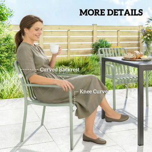 Lot de 4 Chaises de Jardin Empilables en Polypropylène Anti-UV - Fauteuil de Terrasse avec Accoudoirs et Dossier à Lattes Ergonomique - Chaises de Salle à Manger Extérieures, Gris Vert