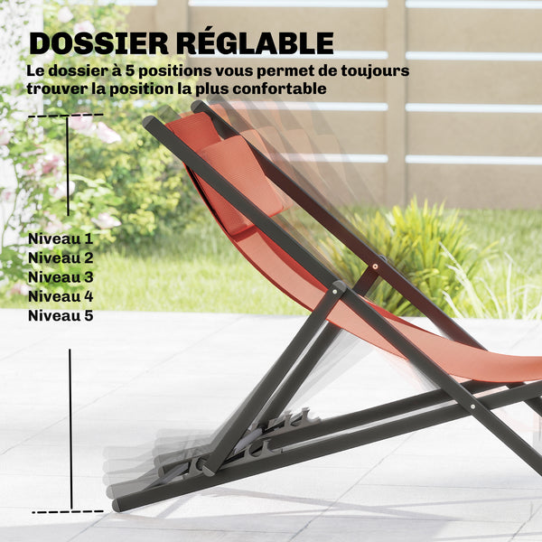 Lot de 2 bain de soleil, chaise longue pliante avec appuie-tête en textilène, transat jardin extérieur inclinable de plage camping piscine terrasse, 60 x 100 x 85 cm, rouge brique