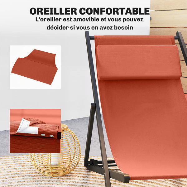 Lot de 2 bain de soleil, chaise longue pliante avec appuie-tête en textilène, transat jardin extérieur inclinable de plage camping piscine terrasse, 60 x 100 x 85 cm, rouge brique