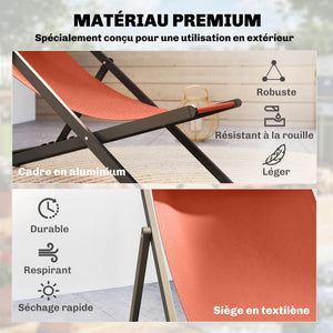 Lot de 2 bain de soleil, chaise longue pliante avec appuie-tête en textilène, transat jardin extérieur inclinable de plage camping piscine terrasse, 60 x 100 x 85 cm, rouge brique