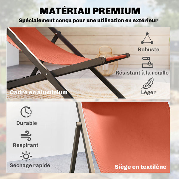 Lot de 2 bain de soleil, chaise longue pliante avec appuie-tête en textilène, transat jardin extérieur inclinable de plage camping piscine terrasse, 60 x 100 x 85 cm, rouge brique