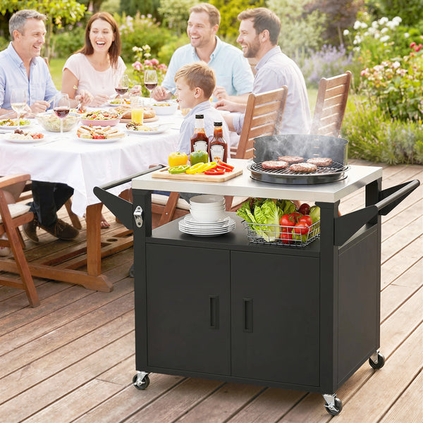 Chariot Barbecue Extérieur avec Plateau en Acier Inoxydable, Support à Pizza à 3 Étagères avec Placard de Rangement, Chariot BBQ Mobile sur Roulettes, Noir