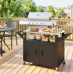 Chariot Barbecue Extérieur avec Plateau en Acier Inoxydable, Support à Pizza à 3 Étagères avec Placard de Rangement, Chariot BBQ Mobile sur Roulettes, Noir