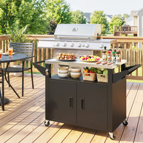 Chariot Barbecue Extérieur avec Plateau en Acier Inoxydable, Support à Pizza à 3 Étagères avec Placard de Rangement, Chariot BBQ Mobile sur Roulettes, Noir