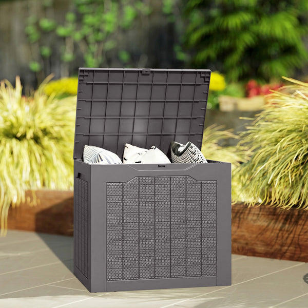 Coffre de rangement extérieur 97L avec poignées encastrées, malle de rangement extérieur étanche pour jardin terrasse, 56 x 41 x 50 cm, marron