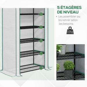 Serre de jardin avec étagères 5 niveaux, serre de balcon, bâche renforcée, châssis en acier, porte zippée enroulable, pour légumes plantes fleurs, 90x49x193cm, blanc