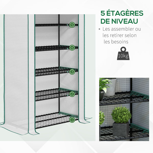 Serre de jardin avec étagères 5 niveaux, serre de balcon, bâche renforcée, châssis en acier, porte zippée enroulable, pour légumes plantes fleurs, 90x49x193cm, blanc