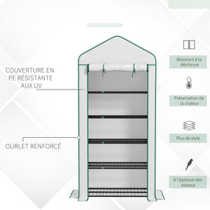 Serre de jardin avec étagères 5 niveaux, serre de balcon, bâche renforcée, châssis en acier, porte zippée enroulable, pour légumes plantes fleurs, 90x49x193cm, blanc