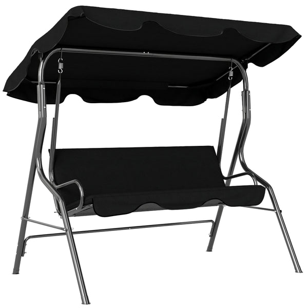 Balancelle de Jardin 3 Places Toit imperméabilisé Inclinaison réglable Coussins Assise Dossier 1,7L x 1,1l x 1,53H m Acier Polyester Noir