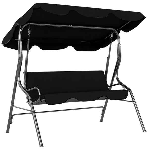 Balancelle de Jardin 3 Places Toit imperméabilisé Inclinaison réglable Coussins Assise Dossier 1,7L x 1,1l x 1,53H m Acier Polyester Noir