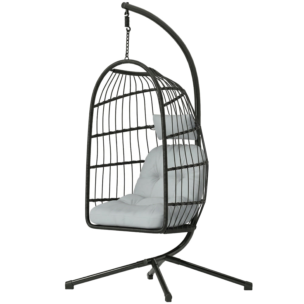 Fauteuil Suspendu Œuf avec Support, Balancelle Jardin Extérieur avec Panier Pliable en Rotin, Coussin Épais, Appui‑tête, Hauteur Réglable, Structure Métallique pour Intérieur et Extérieur, Gris clair