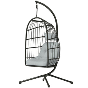 Fauteuil Suspendu Œuf avec Support, Balancelle Jardin Extérieur avec Panier Pliable en Rotin, Coussin Épais, Appui‑tête, Hauteur Réglable, Structure Métallique pour Intérieur et Extérieur, Gris clair