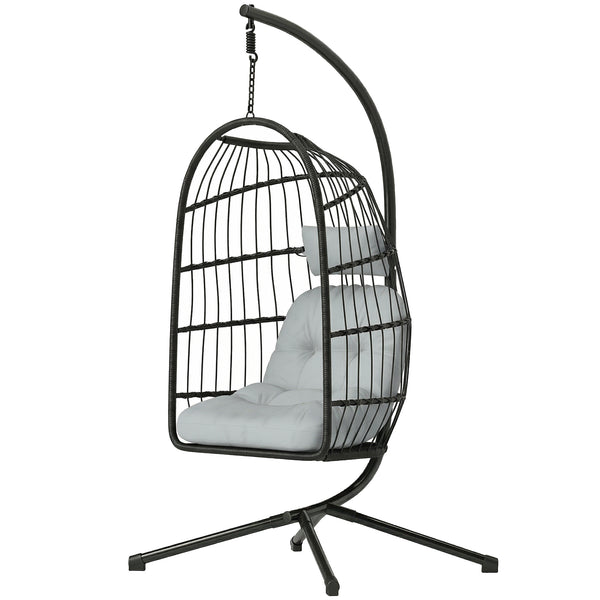 Fauteuil Suspendu Œuf avec Support, Balancelle Jardin Extérieur avec Panier Pliable en Rotin, Coussin Épais, Appui‑tête, Hauteur Réglable, Structure Métallique pour Intérieur et Extérieur, Gris clair