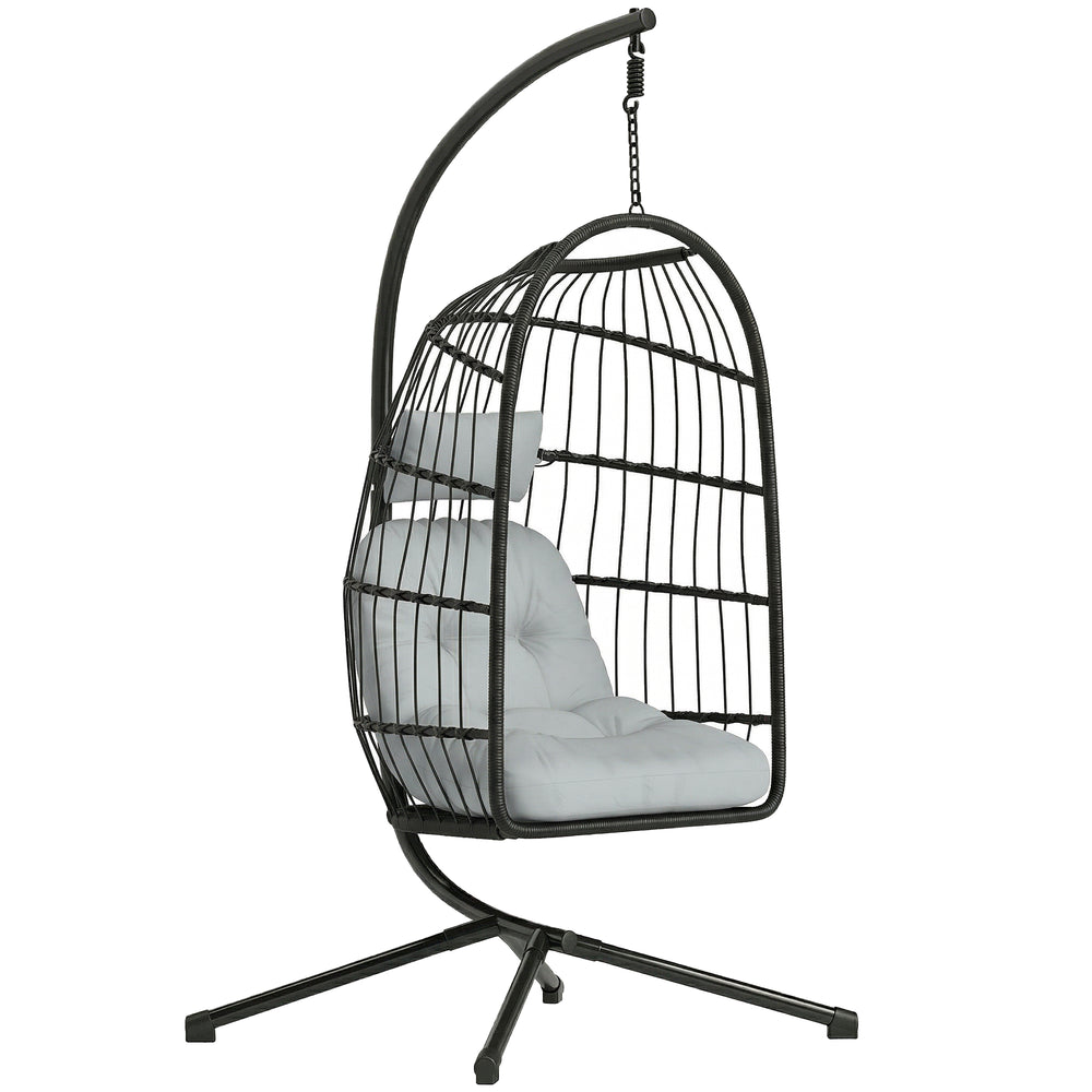 Fauteuil Suspendu Œuf avec Support, Balancelle Jardin Extérieur avec Panier Pliable en Rotin, Coussin Épais, Appui‑tête, Hauteur Réglable, Structure Métallique pour Intérieur et Extérieur, Gris clair
