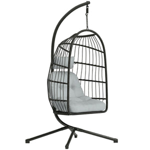 Fauteuil Suspendu Œuf avec Support, Balancelle Jardin Extérieur avec Panier Pliable en Rotin, Coussin Épais, Appui‑tête, Hauteur Réglable, Structure Métallique pour Intérieur et Extérieur, Gris clair