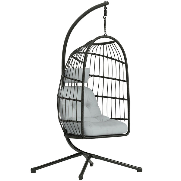 Fauteuil Suspendu Œuf avec Support, Balancelle Jardin Extérieur avec Panier Pliable en Rotin, Coussin Épais, Appui‑tête, Hauteur Réglable, Structure Métallique pour Intérieur et Extérieur, Gris clair