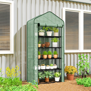 Serre de jardin avec étagères 5 niveaux, serre de balcon, bâche renforcée, châssis en acier, porte zippée enroulable, pour légumes plantes fleurs, 90x49x193cm, vert