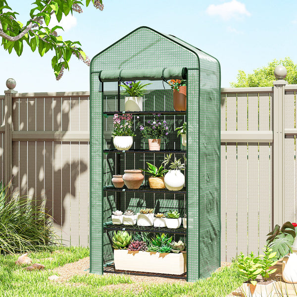 Serre de jardin avec étagères 5 niveaux, serre de balcon, bâche renforcée, châssis en acier, porte zippée enroulable, pour légumes plantes fleurs, 90x49x193cm, vert