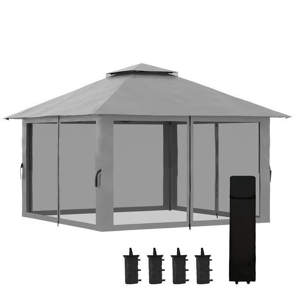Tonnelle de jardin extérieur barnum de jardin pop-up tente pliant 4 x 4 m double toit protection UV 50+ 4 moustiquaires, 4 sacs de sable, 1 sac de transport tissu Oxford métal gris