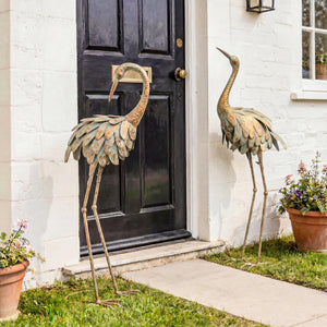 Lot de 2 Statues de Jardin, Sculpture de Héron en Métal, Statues d'oiseaux 91/95cm, pour Cour, Étang, Terrasse, or/bleu