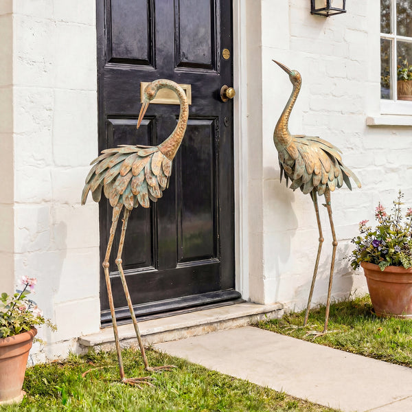 Lot de 2 Statues de Jardin, Sculpture de Héron en Métal, Statues d'oiseaux 91/95cm, pour Cour, Étang, Terrasse, or/bleu