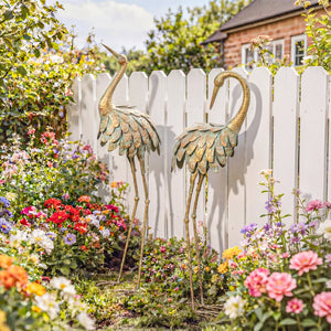 Lot de 2 Statues de Jardin, Sculpture de Héron en Métal, Statues d'oiseaux 91/95cm, pour Cour, Étang, Terrasse, or/bleu