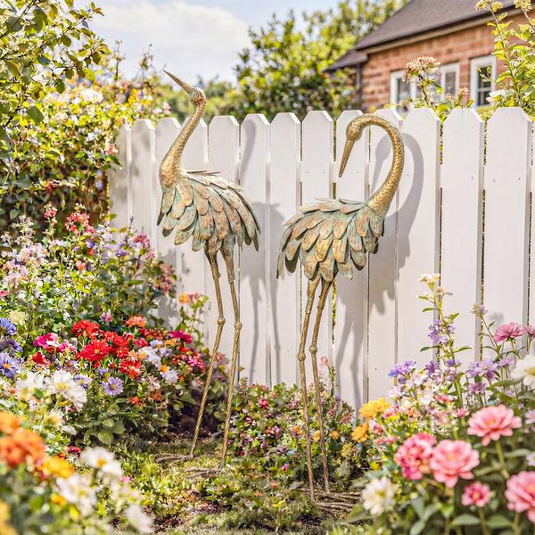 Lot de 2 Statues de Jardin, Sculpture de Héron en Métal, Statues d'oiseaux 91/95cm, pour Cour, Étang, Terrasse, or/bleu