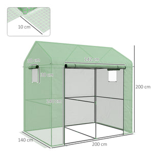 Serre de jardin PE, serre de balcon, bâche renforcée 135 g/m², châssis en acier, porte zippée enroulable, pour légumes plantes fleurs, intérieur et extérieur, 200 x 140 x 200 cm, vert