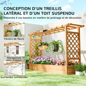Jardinière Surélevée avec treillis Latéral et Supérieur, bac à fleurs, lit surélevé Trous de Drainage, pour plantes grimpantes, légumes, fleurs, extérieur, bois massif, bois naturel