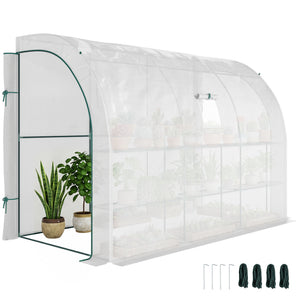 Serre de Jardin Adossée avec Étagères 3 Niveaux, Petite Serre de Balcon en Bâche PE 140 g/㎡ Renforcée et Châssis Acier, pour Légumes et Fleurs, Intérieur et Extérieur, 300x150x213cm, Blanc